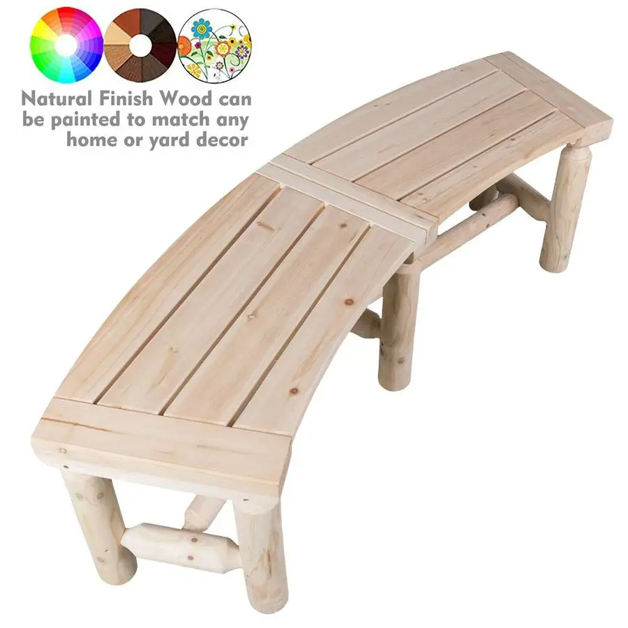 Wooden Curved Backless Porch Bench Rustic Style Cedar Fir Wood Log Fire Pit Bench for Patio Garden Deck and Backyard, 4055 W14 D