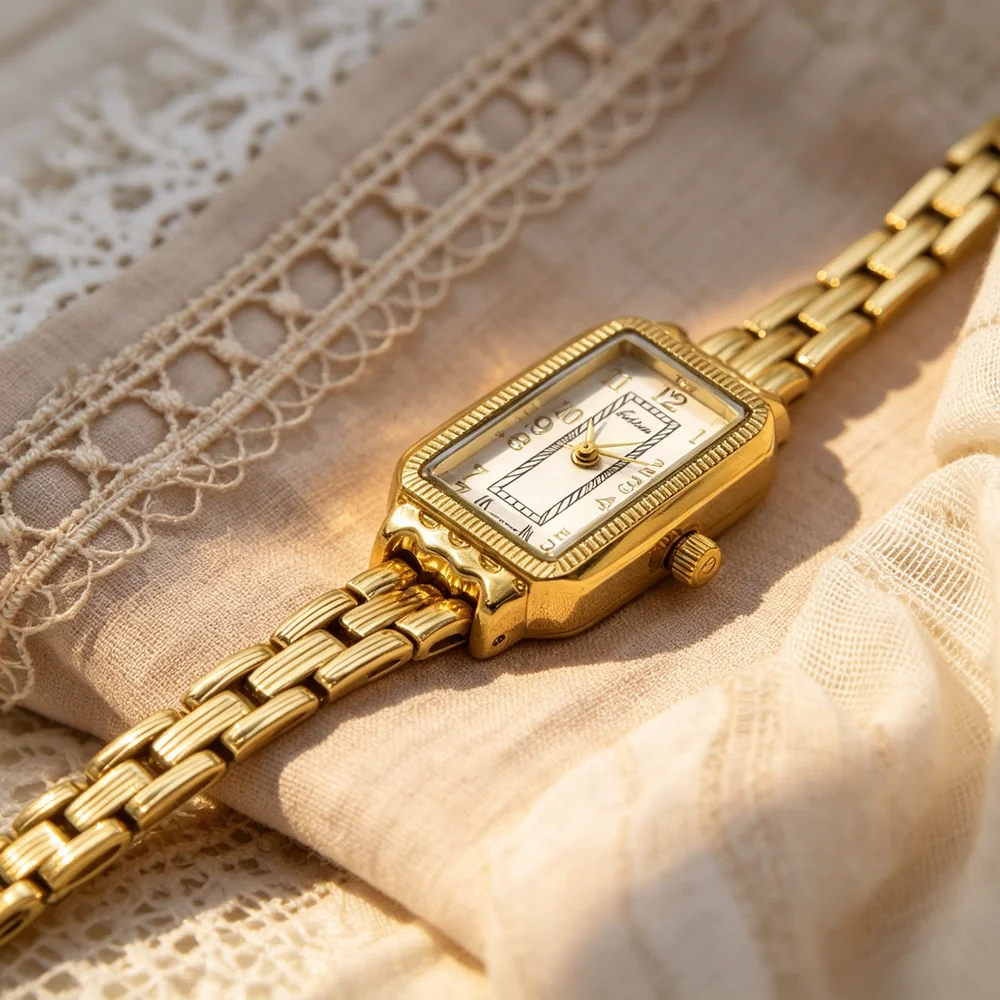 Vintage Rectangle Ladies Quartz Watch Small Wrist Watch Fold Clasp Number Dial Metal Bracelet Gold Silver