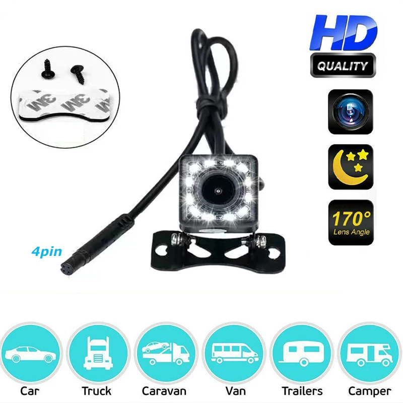 

170 Degree Parking Camera 4 Pin HD Car Rear View Camera Reverse 12LED Night Vision Video Camera Wide Angle For Car Accessories