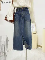 Denim Skirts Women Slit Vintage Midi Casual Do Old Harajuku High Waist Fashion Personality A-line Streetwear Spring All-match