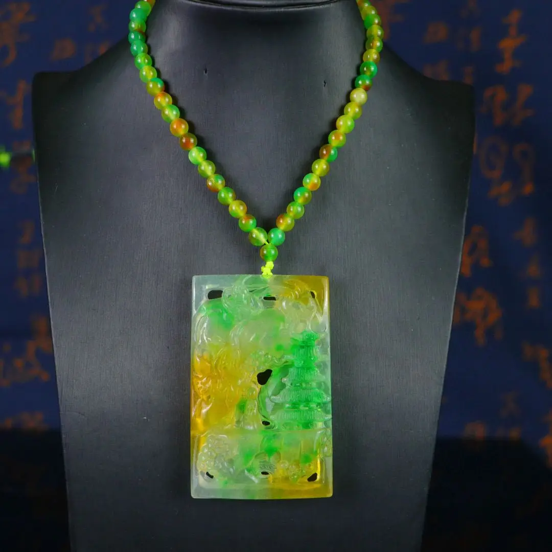 

Perfect ice yellow-green jadeite hollow carving landscape jade pendant hydrated and transparent exquisite three-dimensional