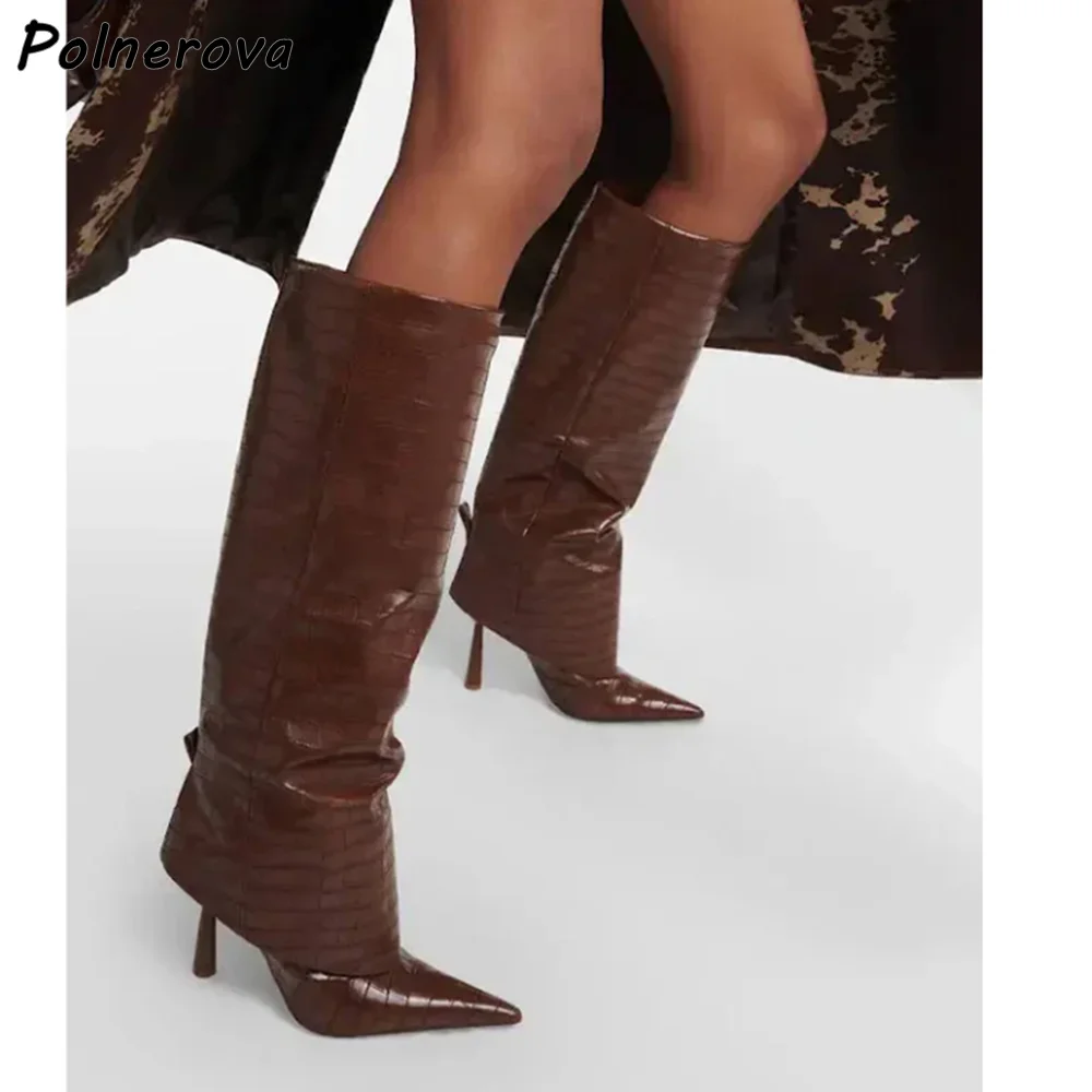 Crocodile Grain Turn Over Edges Boots Black Leather Solid Pointy Toe Thin Heels Knee High Boots Women Fashion Winter Sexy Shoes