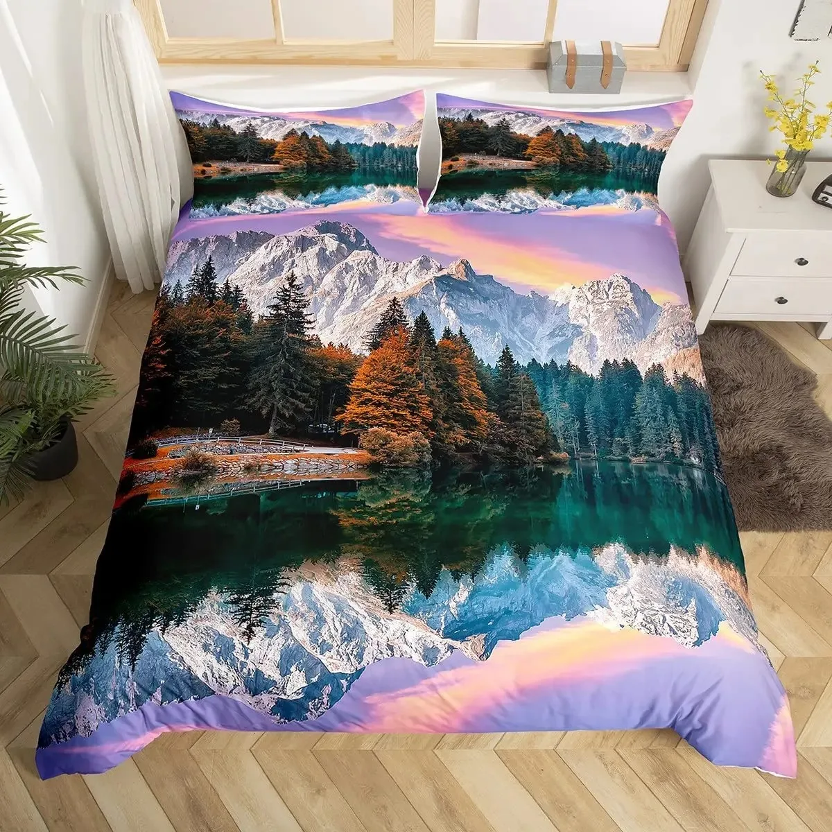 Nature Landscape Duvet Cover Sunset Comforter Cover Lake Landscape Bedding Set Polyester Spring Flower Bedspread Cover Twin King