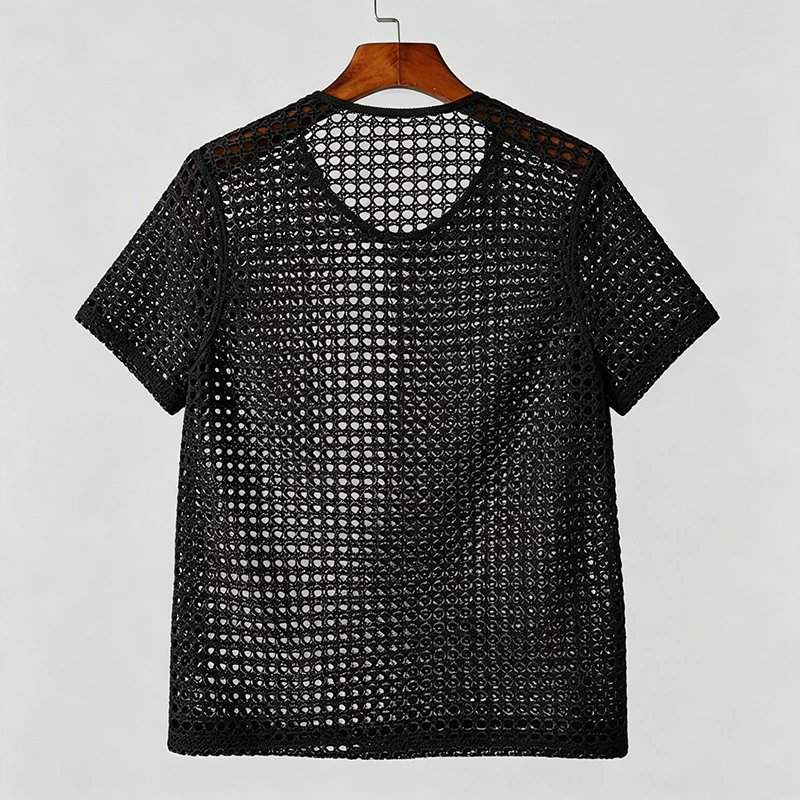 Herren Ausgehöhltes Häkel-Strick-T-Shirt Rundhals Kurzarm Durchsichtiges Netz-Oberteil Atmungsaktives Vintage Strand-Party Freizeit-T-Shirt S-2XL – Detail 17