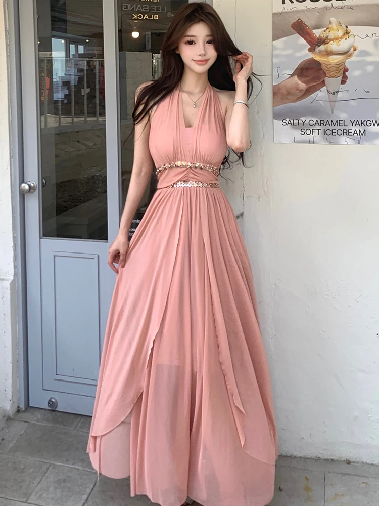 Damska Różowa Elegancka Sukienka Maxi z Cekinami, Luksusowa, Seksowna, Letnia, Elegancka, Codzienna, Koreańska Sukienka Wieczorowa w Stylu Vintage na Ramiączkach, 2025