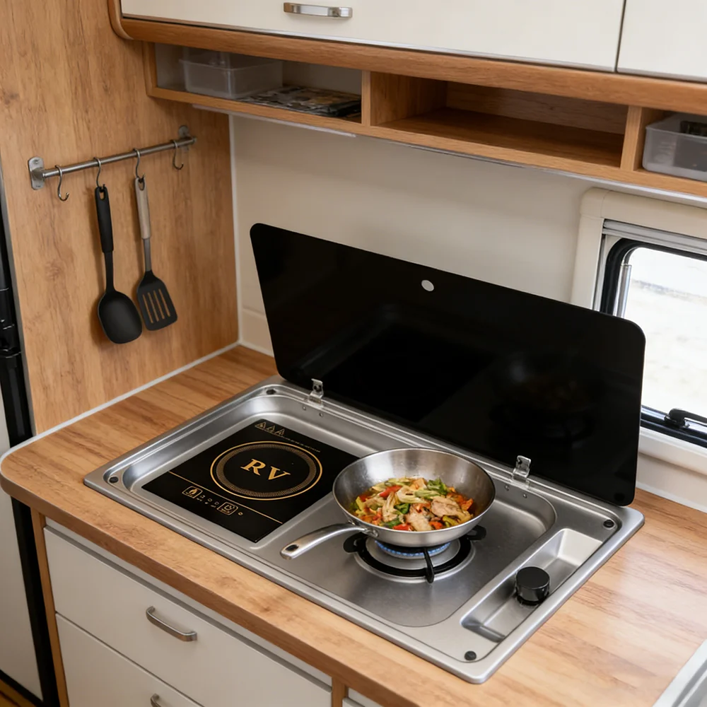 JDA 304 Stainless Steel Built-in RV Gas Burner & Induction Cooktop For Camper Van Motorhome Caravan & Boat Kitchen Combo
