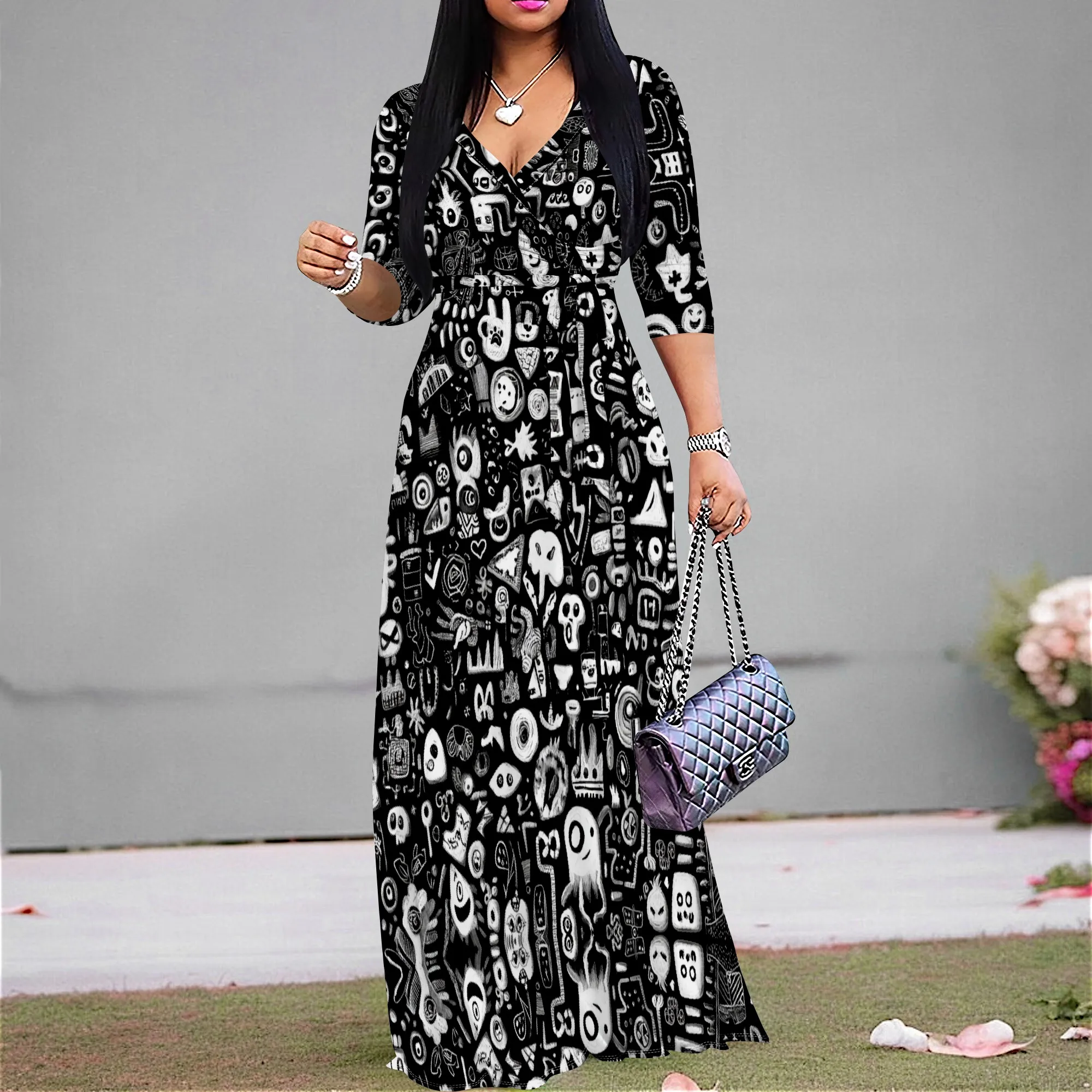 

Women's Boho Abstract Print Maxi Dress V-Neck Half Sleeve Bohemian Long Dress for Cocktail Party Holiday XS-3XL