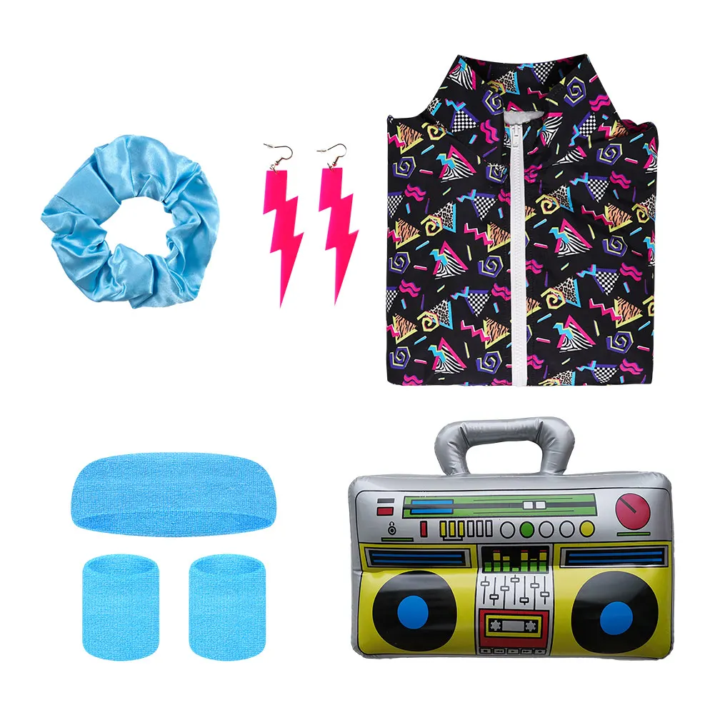 80S Retro Hip Hop Disco Cosplay Summer Tracksuit Costume Vintage Disguise Earrings Hairband Props Adult Halloween Role play Suit