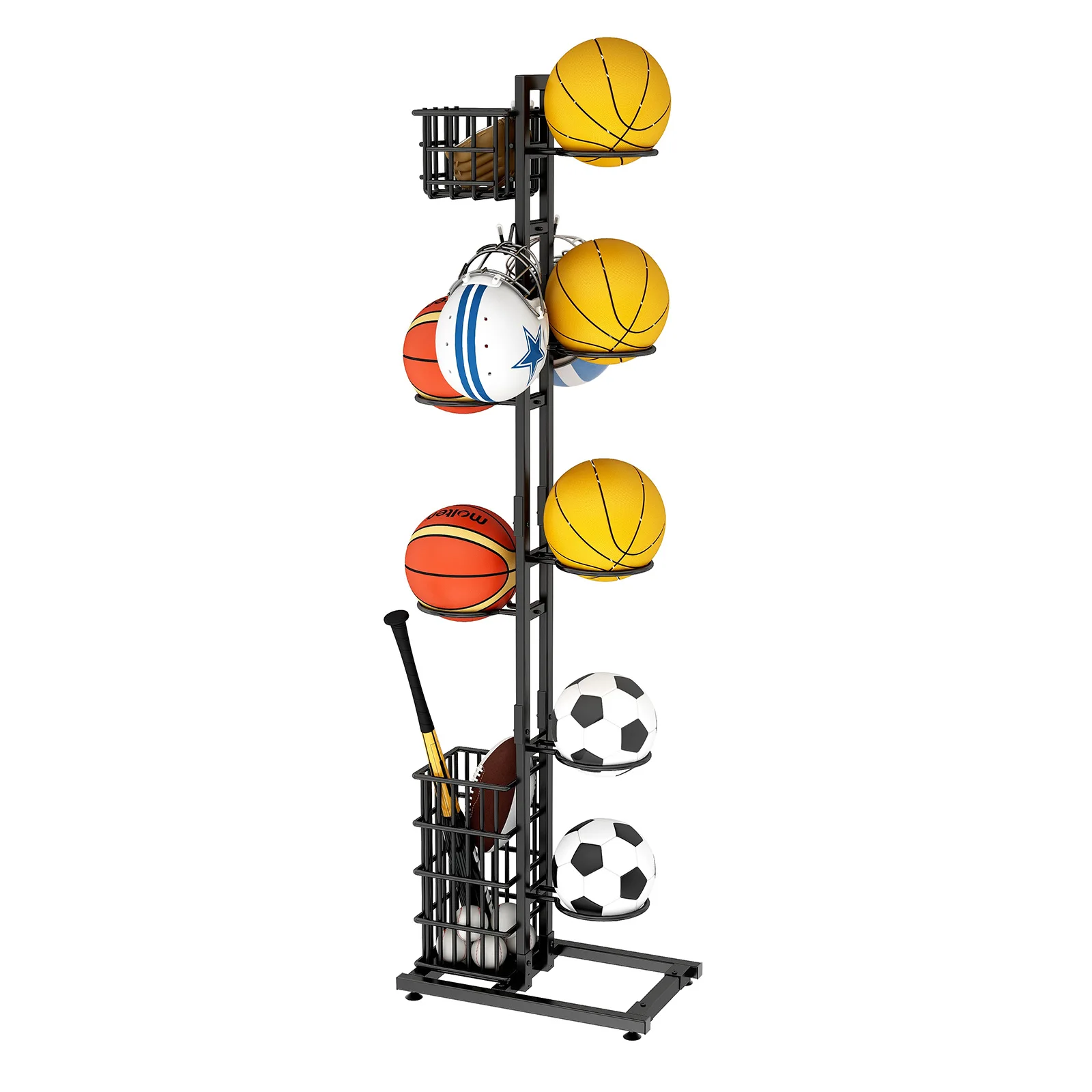 Children's Modern Metal Multi-Sport Storage Rack-Basketball Football Badminton & Ball Display Five Layers Floor Standing Design