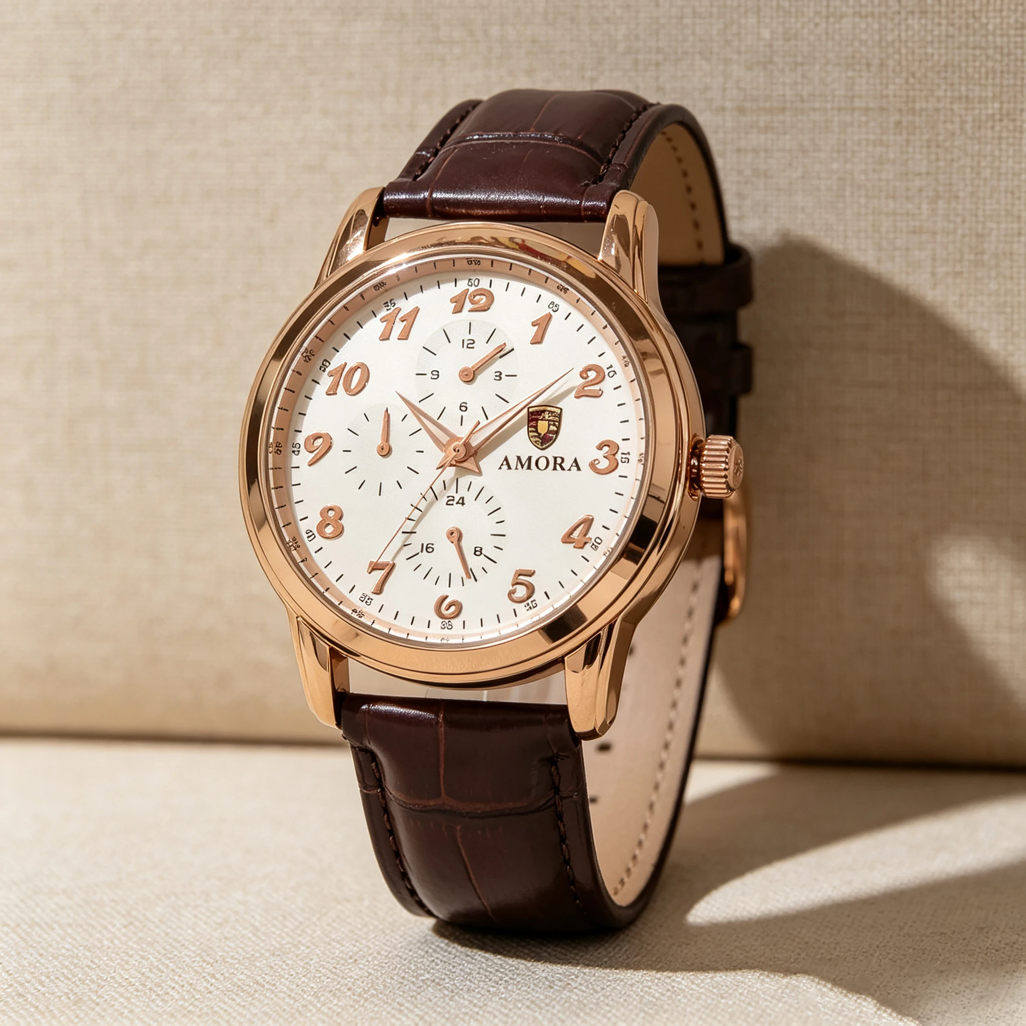 New round brown leather watch with luminous quartz and water-resistant function. Suitable for men's fashionable and versatile ti