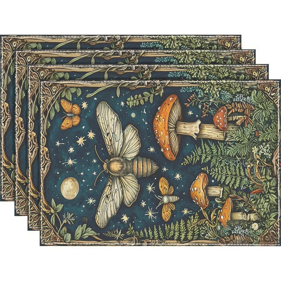 Vintage Moth Placemats Set of 4 6 8 Magic Mushroom Celestial Star Table Mats Washable Linen Dining Room Kitchen Decor
