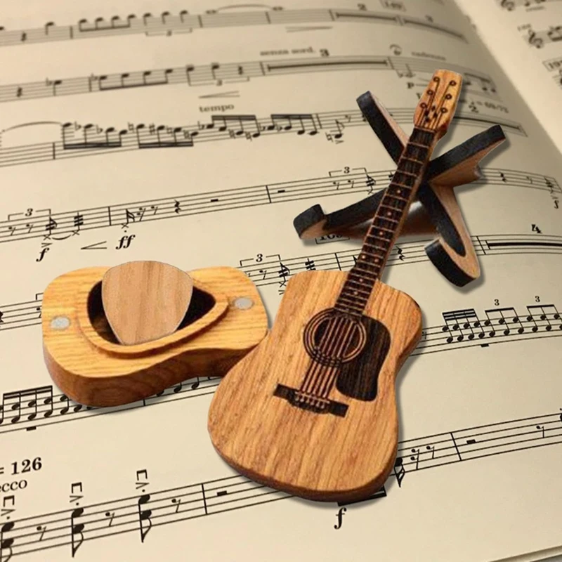 Wooden Guitar Pick Box With Stand - 6PCS Unique Guitar Picks,Mini Storage Box For Guitarists,Musician Engraved