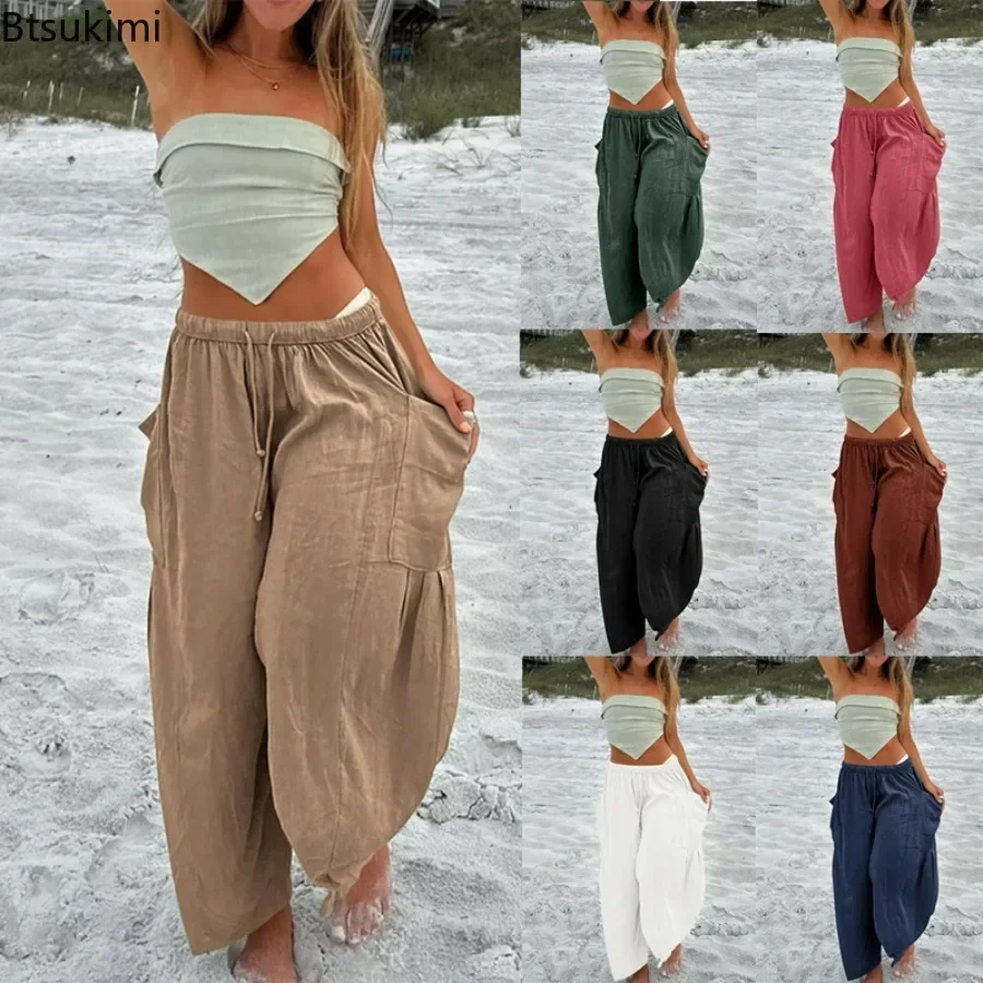 

2025 Women's Casual Cotton Linen Harem Pants Elastic Waist Loose Pants Female Vintage Solid Straight Trousers Streetwear Pants