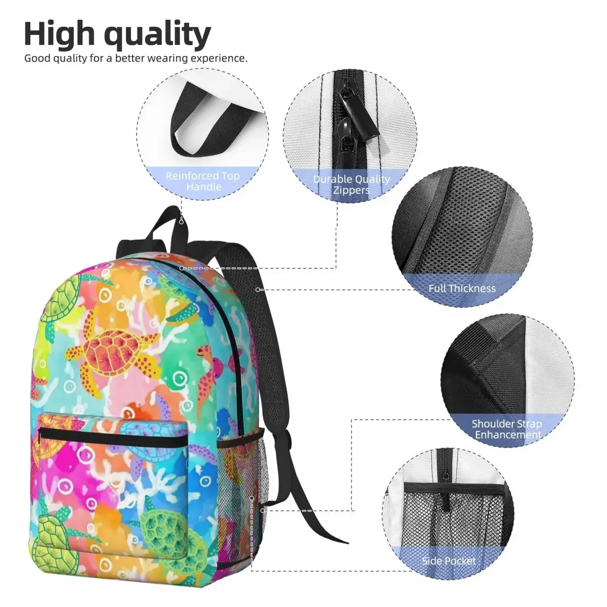 Watercolor Sea Vibrant Rainbow Turtle Backpack Daypack Large Capacity Boys Girls BookBag School Bag Shoulder Bags for Men Women