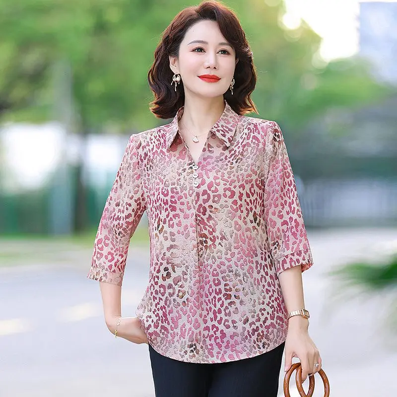 

New Summer Collection Mom's Shirt with Half Sleeves Print Loose Fit for Middle Aged and Elderly Women's Wear