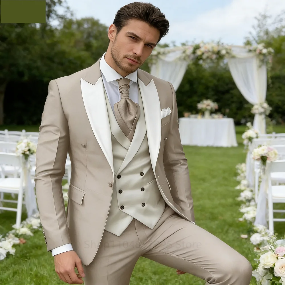 

Pink Men's Suits Elegant Peak Lapel Jacket Groom Tuxedo 3 Pieces Blazer Vest and Pants Set Formal Men's Suit for Business Prom