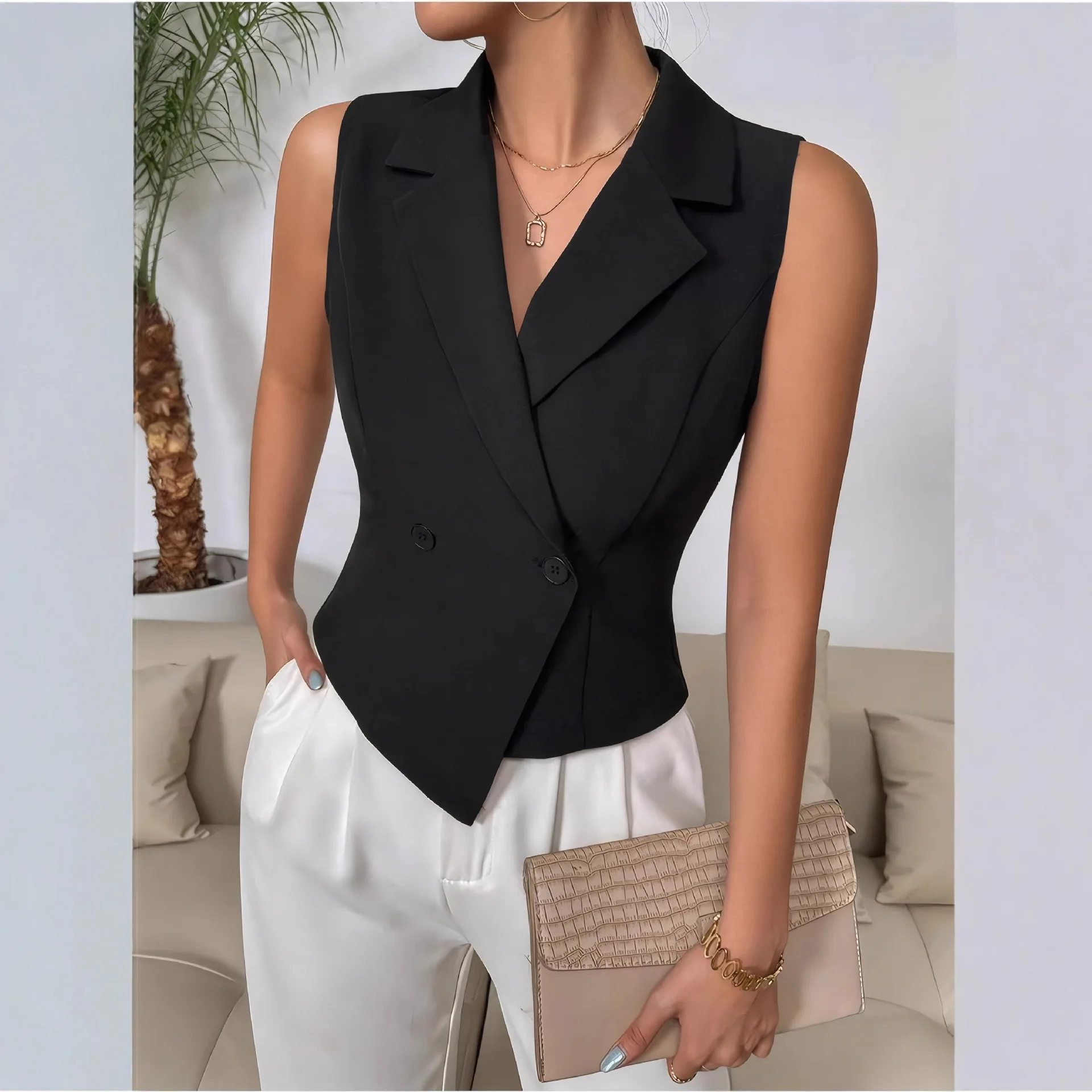 Vests Waistcoats Thin Womens Duck Spring Cotton-Padded  Buttoned Seamless Layering Waistcoat Minimalism Pure Classic Sexy