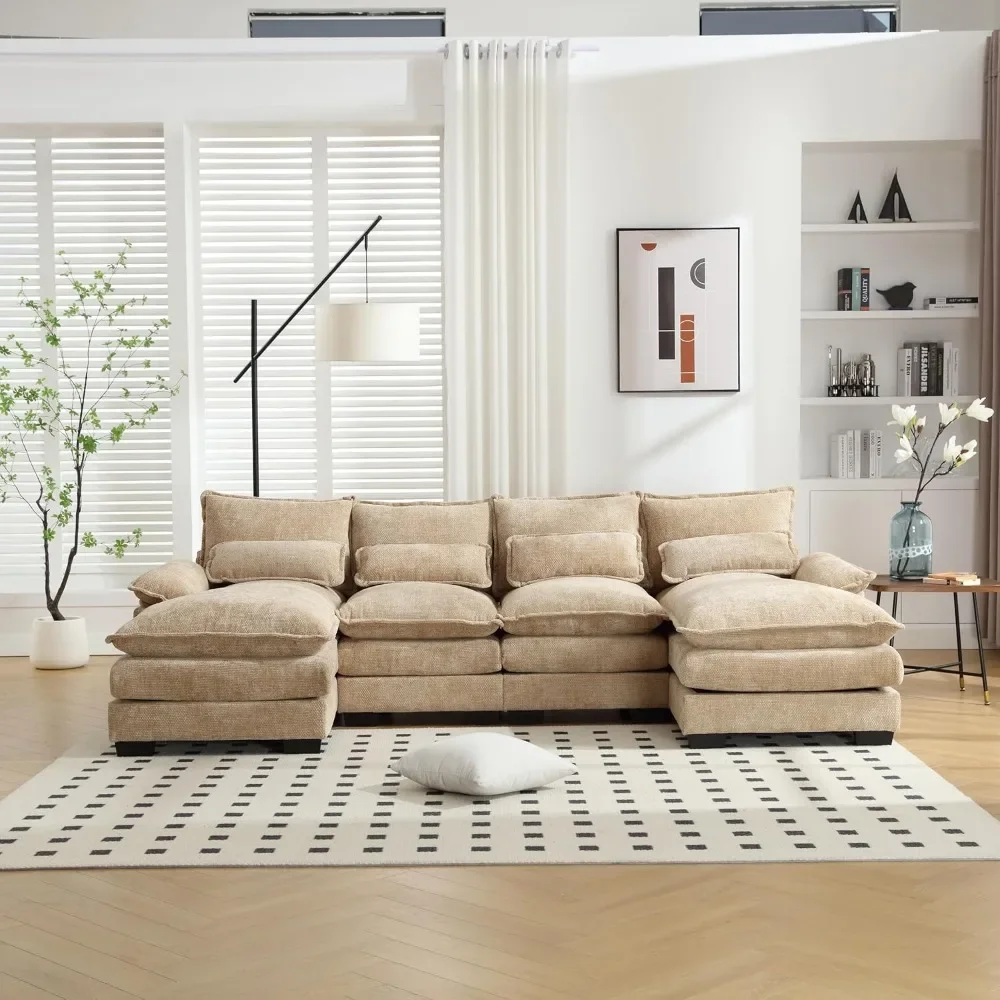 أريكة سحابة مقطعية مكونة من 6 مقاعد مع كرسي مزدوج، أريكة ترفيهية منجدة من الشنيل على شكل حرف U