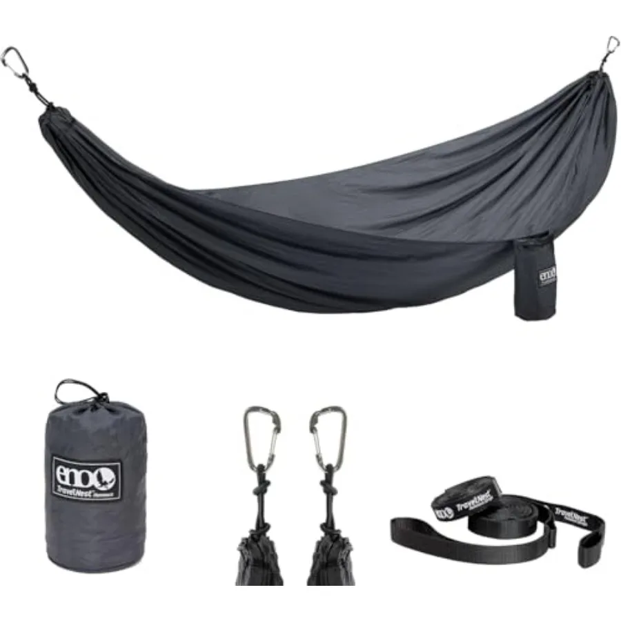 

TravelNest Hammock Straps Combo for hiking, camping, backpacking, festivals, or beach use charcoal-colored nylon hammock with i