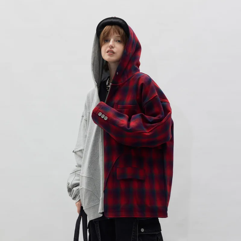 HKSH Spring Autumn New Man Niche Design Asymmetric Color-Block Patchwork Plaid Sweatshirt Casual High Street Ins Hoodies HK13732