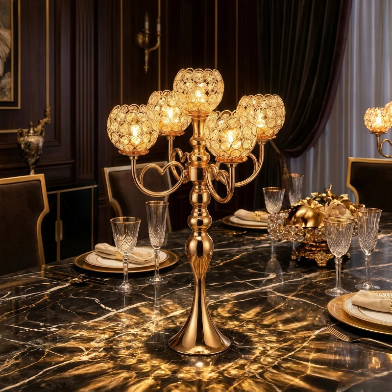 5-Arm Golden Crystal Candle Stand Heart-Shaped Arm Tealight Candle Holder Sliver Luxury Wedding Table Centerpiece Home Decor