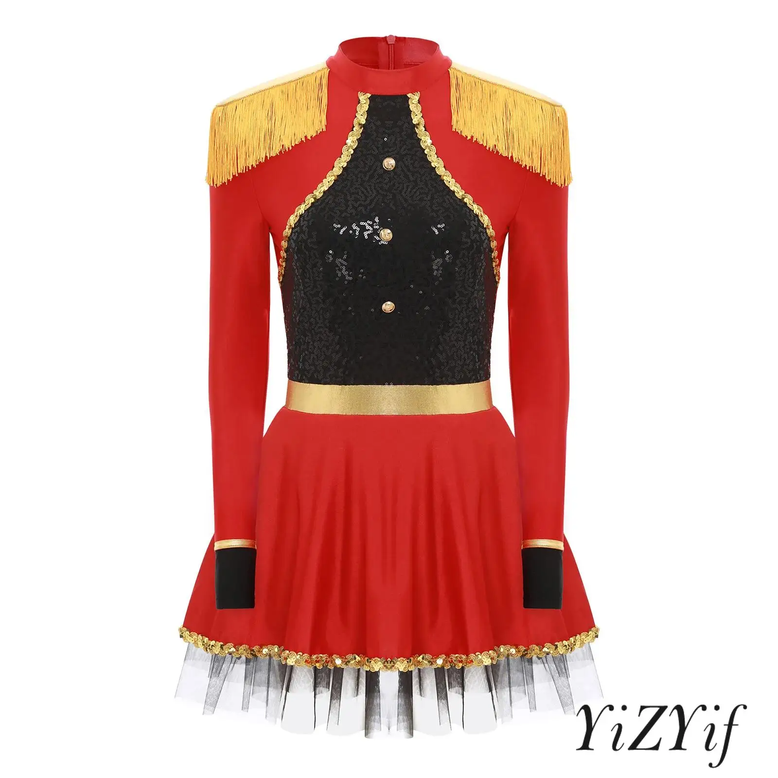 

Adult Womens Ringmaster Dress with Sparkling Sequins And Fringe Shoulder Details for Circus Theme Parties And Halloween Events
