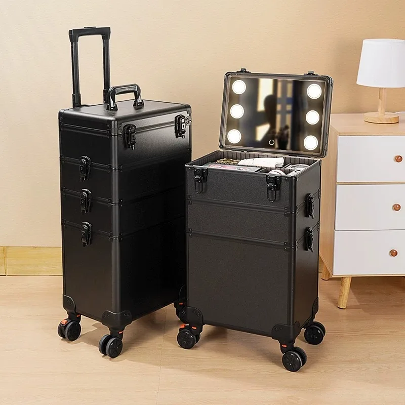 Aluminum Lighted Makeup Trolley, 3-Color Dimmable USB Power Support, Professional Mobile Vanity with Thickened Silent Casters