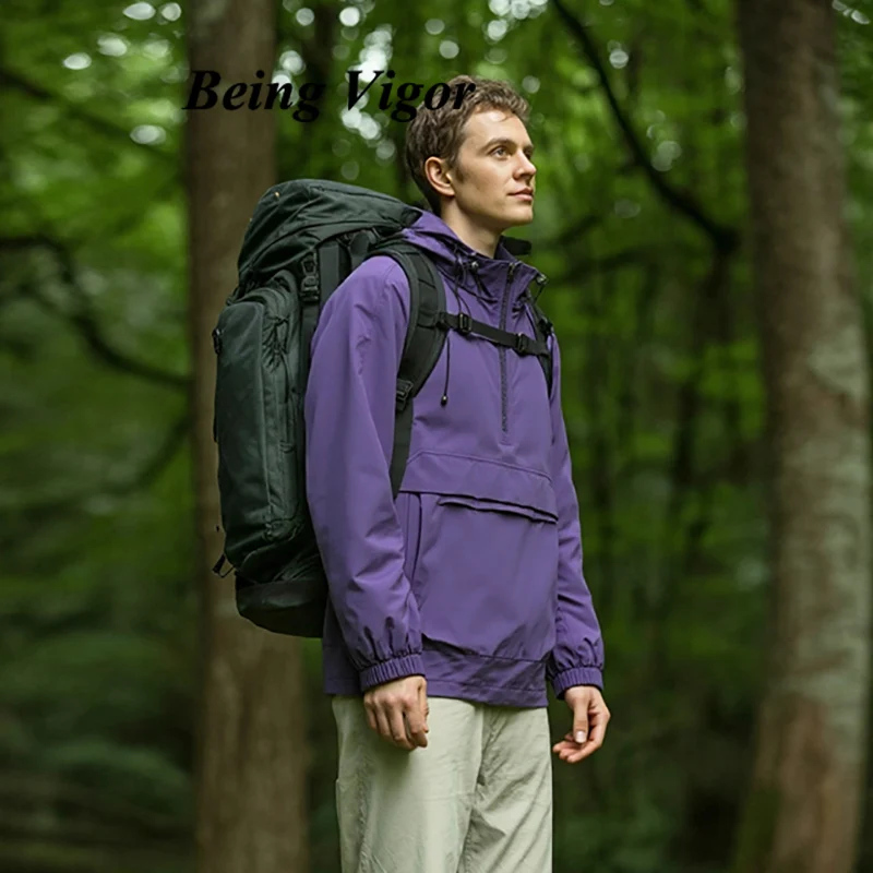 

Being Vigor Two Big Pockets Hooded Half Zipper Anorak Jacket Men Spring Waterproof Windbreaker Men's Autumn Jacket Top Outerwear
