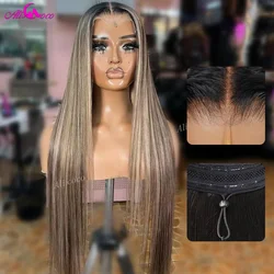 Highlight 4/27 With Dark Root Straight Lace Front Human Hair Wig Drawstring Wig 180% 13x6 For Women Brazilian Hair Long Hair