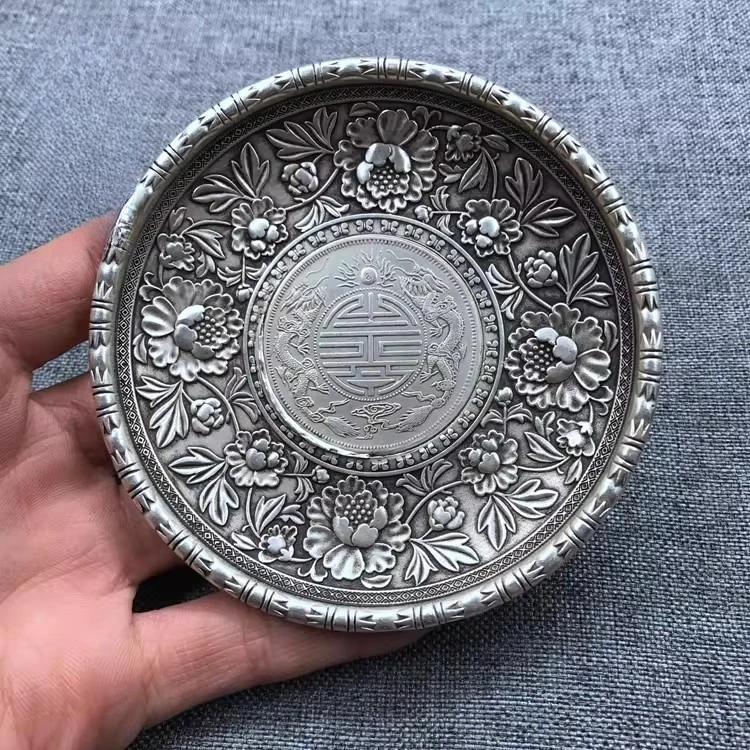 CHINEA FOLK Old Carved Tibetan Silver Plate Writing-brush Washer Ornaments
