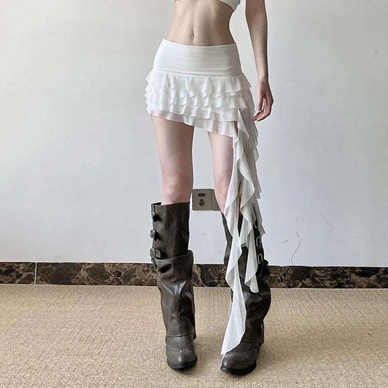 

French Summer Women Sexy White Ruffles Mesh Low-waisted A-line Multi-Layered Long Tassel Asymmetrical Ruffle Slim Mini Skirts