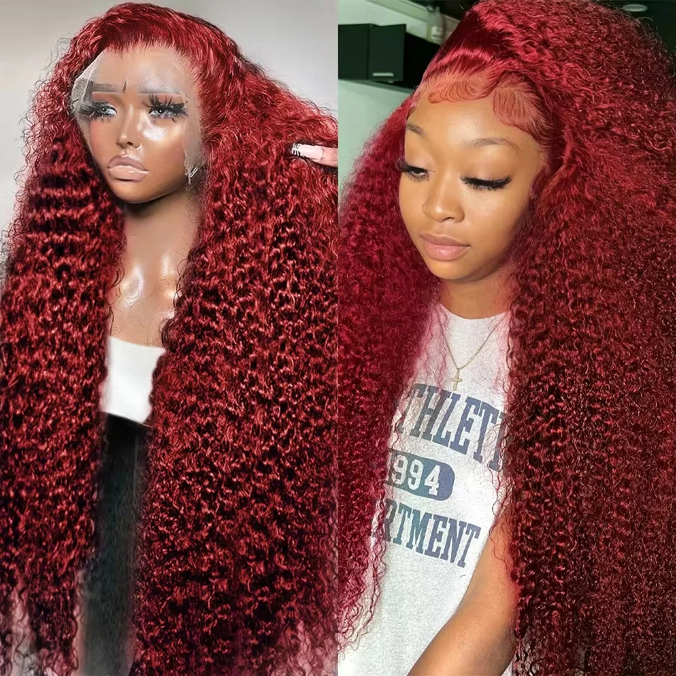 Red Colored Deep Wave 200% Lace Frontal Wig Brazlian 28 30 Inch 99J Burgundy Curly 13x4 Lace Frontal Wigs Human Hair For Women