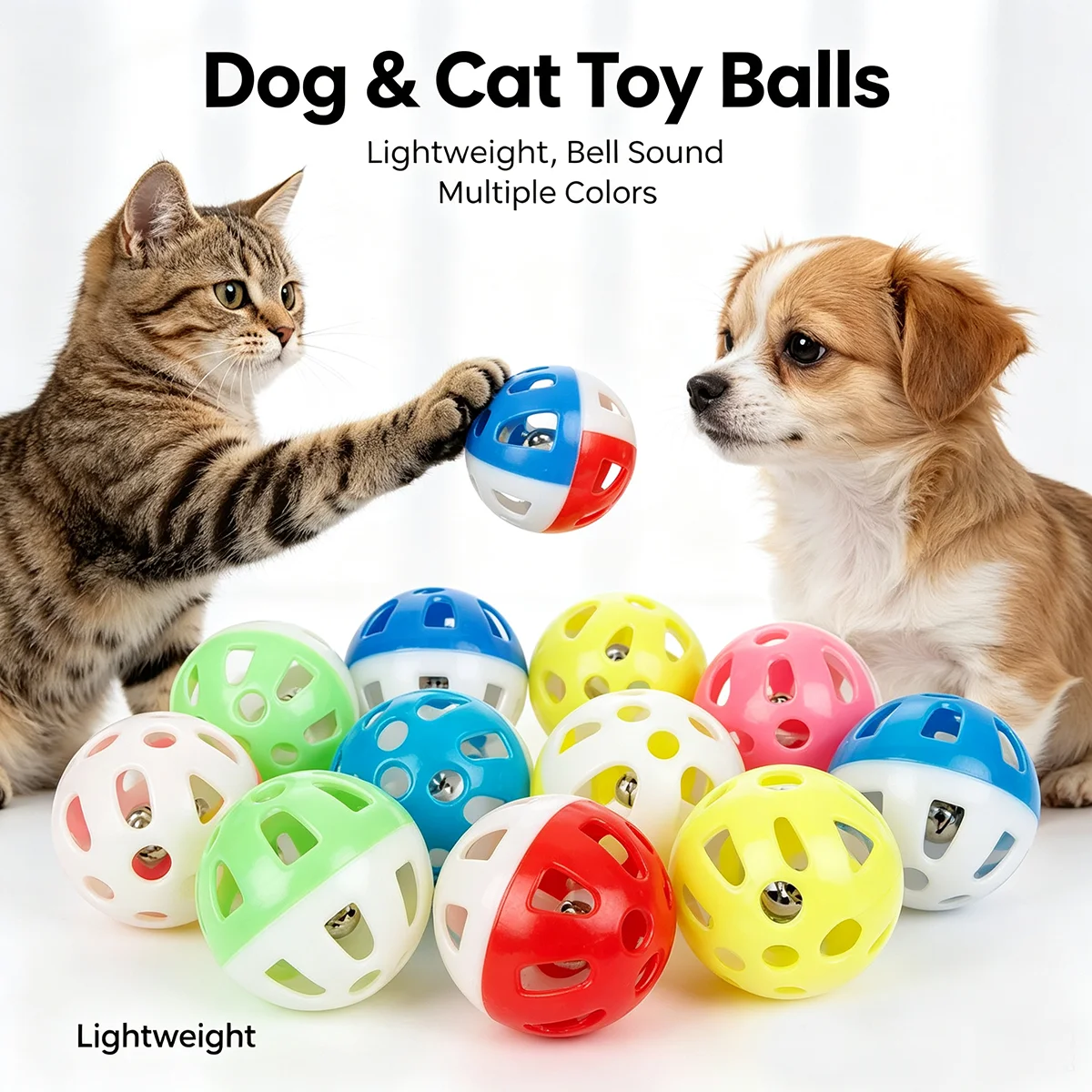 12pcs random colors Hollow out plastic bell cat toy ball, colorful sound making bell ball, cat chasing interactive cat toy