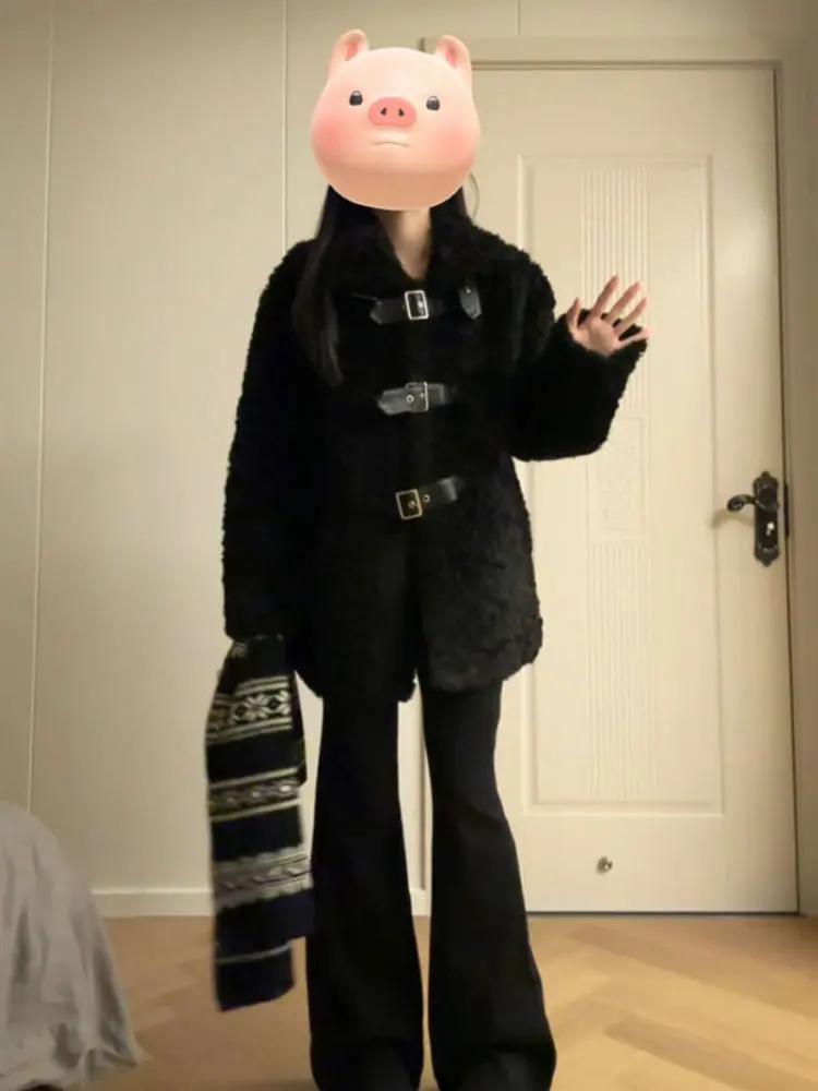 

Женское корейское кожаное пальто Ele Thiened Lamb Fur Jaet, теплое пальто с мехом Bla, длинное све, средней длины