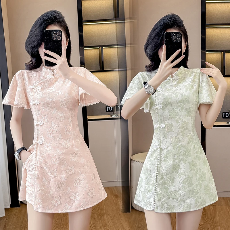 Summer New Chinese Style Retro Modern Cheongsam Dress Buckles Buttons Jacquard Design Two-Piece Set Traditional Dress & Shorts