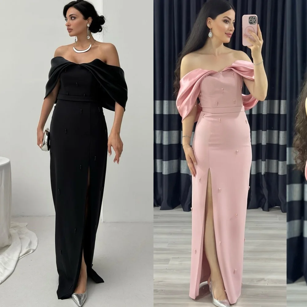 

Customized Exquisite Jersey Pleat Pearl Straight Off-the-shoulder Long Dresses Bespoke Occasion Celebrity Chinese Style