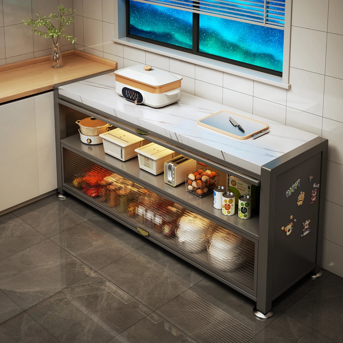 Kitchen rack floor-to-ceiling multi-layer microwave oven dining side cabinet multi-functional integrated wall rock slab locker