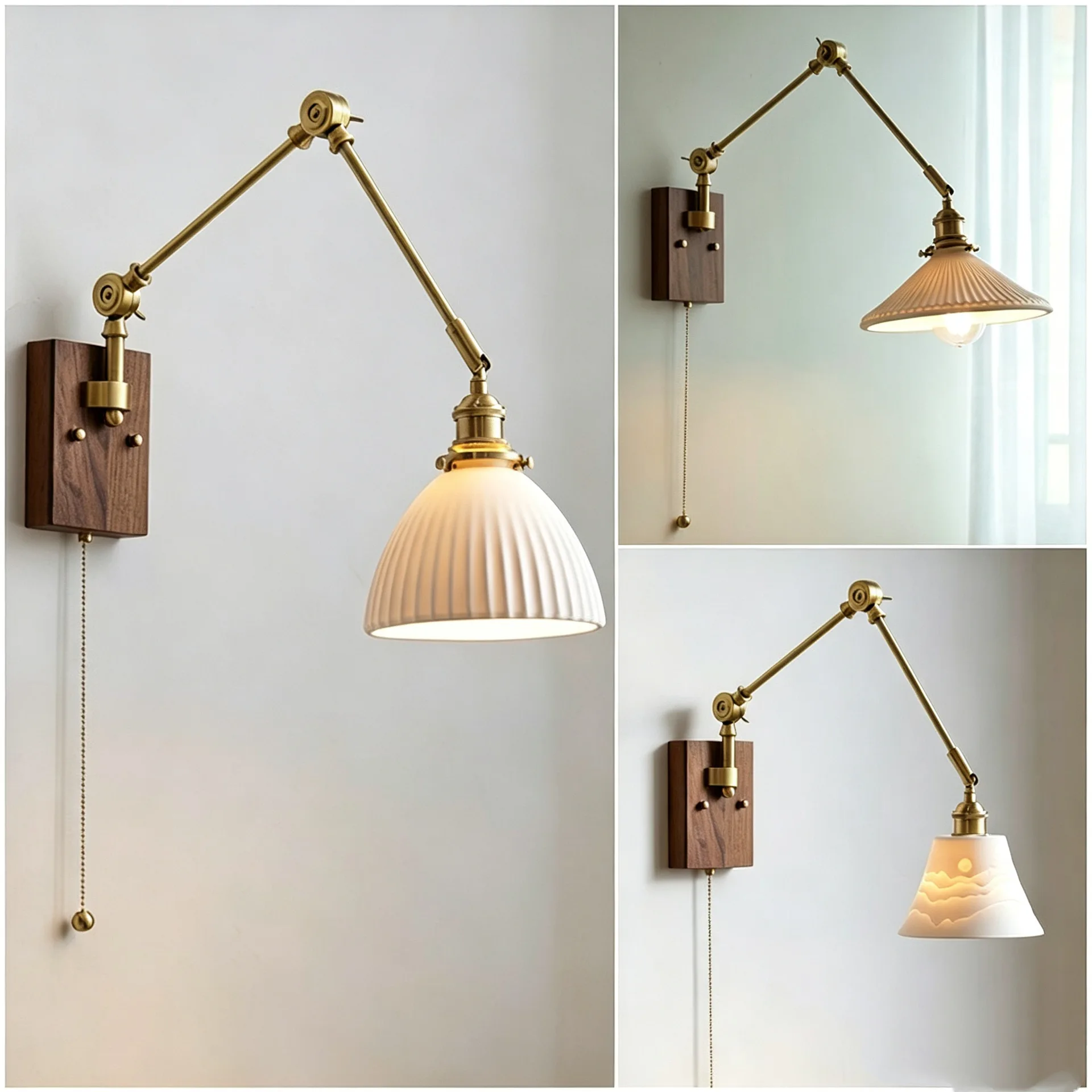 French Retro All-copper Creative Staircase Master Bedroom Swing Arm Lamp Walnut Wood Living Room and Bedroom Wall Lamp