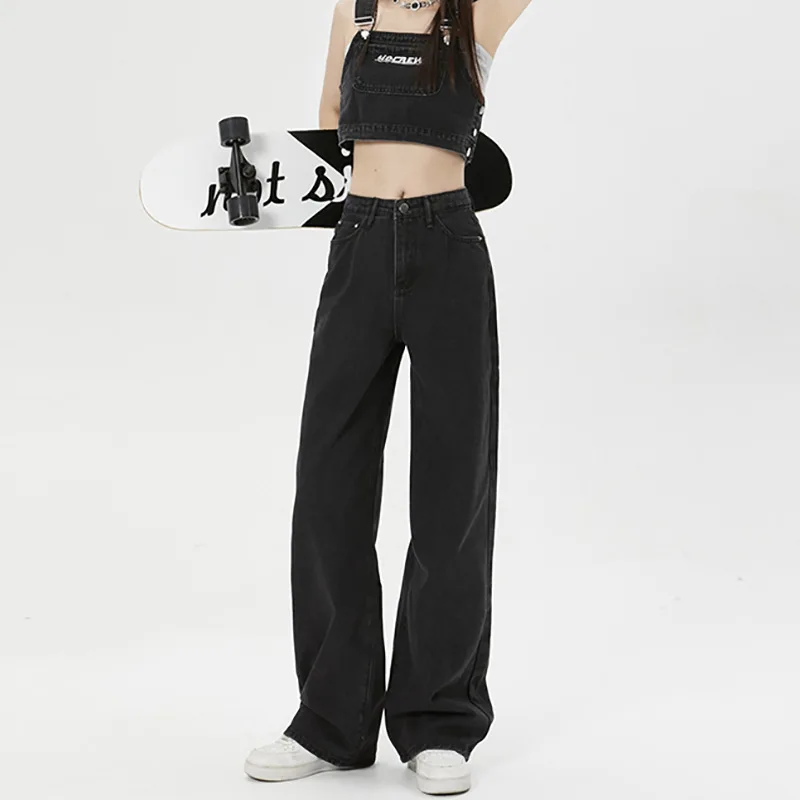 American Loose High-waisted Straight-leg Jeans,New Fashionable Simple Casual Floor-length Wide-leg Jeans for Women Four Seasons