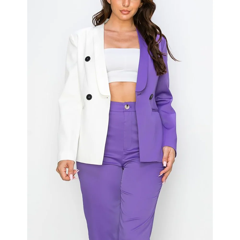 Fashion Patchwork Double Breasted Woman Suits 2 Pieces Blazer+Pants Set Formal Party Sets Office Lady Daily Sets
