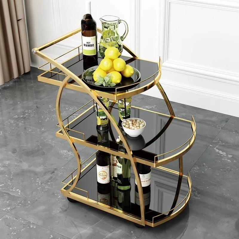 Three-layer stainless steel wine cart mobile dining cart gold-plated mobile trolley service cart