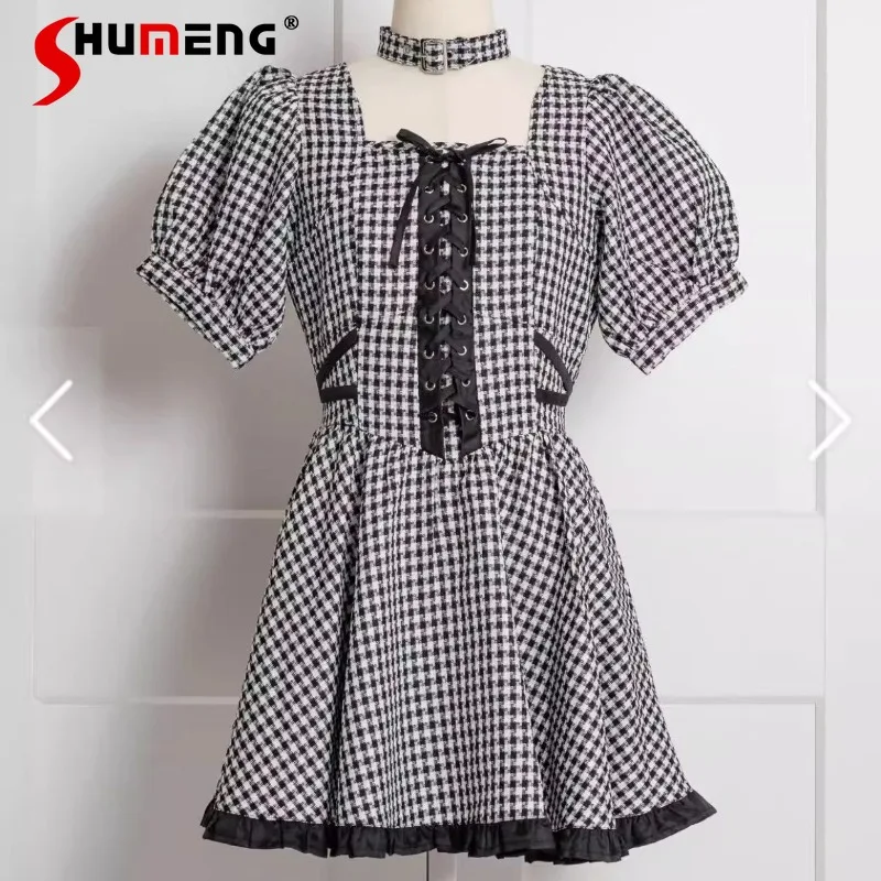 

Japanese Fashion Design Sweet Cute Plaid Lace-up Dress 2025 Summer New Rojita Style Short Sleeves High-waisted Dresses De Mujer