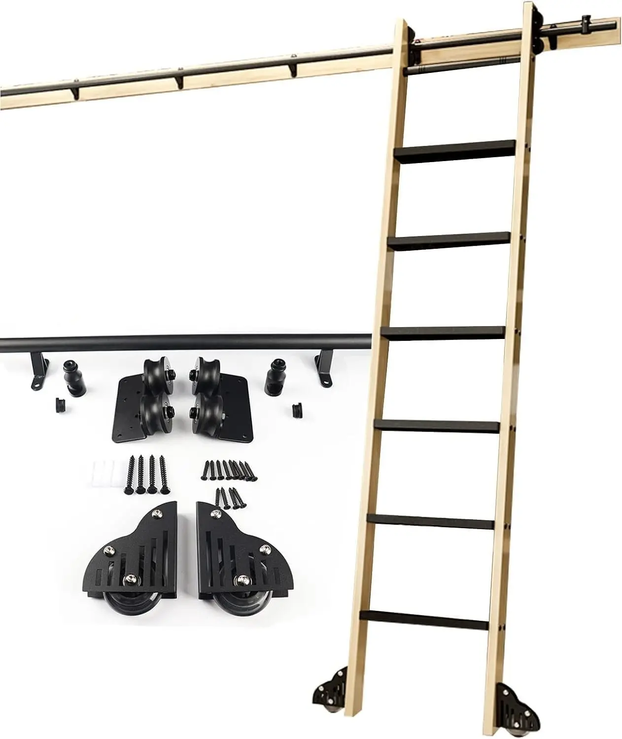 Mobile Ladder Track Full Set Hardware | Sliding Barn Door Kit, Round Track/Rail Tube Rolling Ladder Track Hardware With Floor