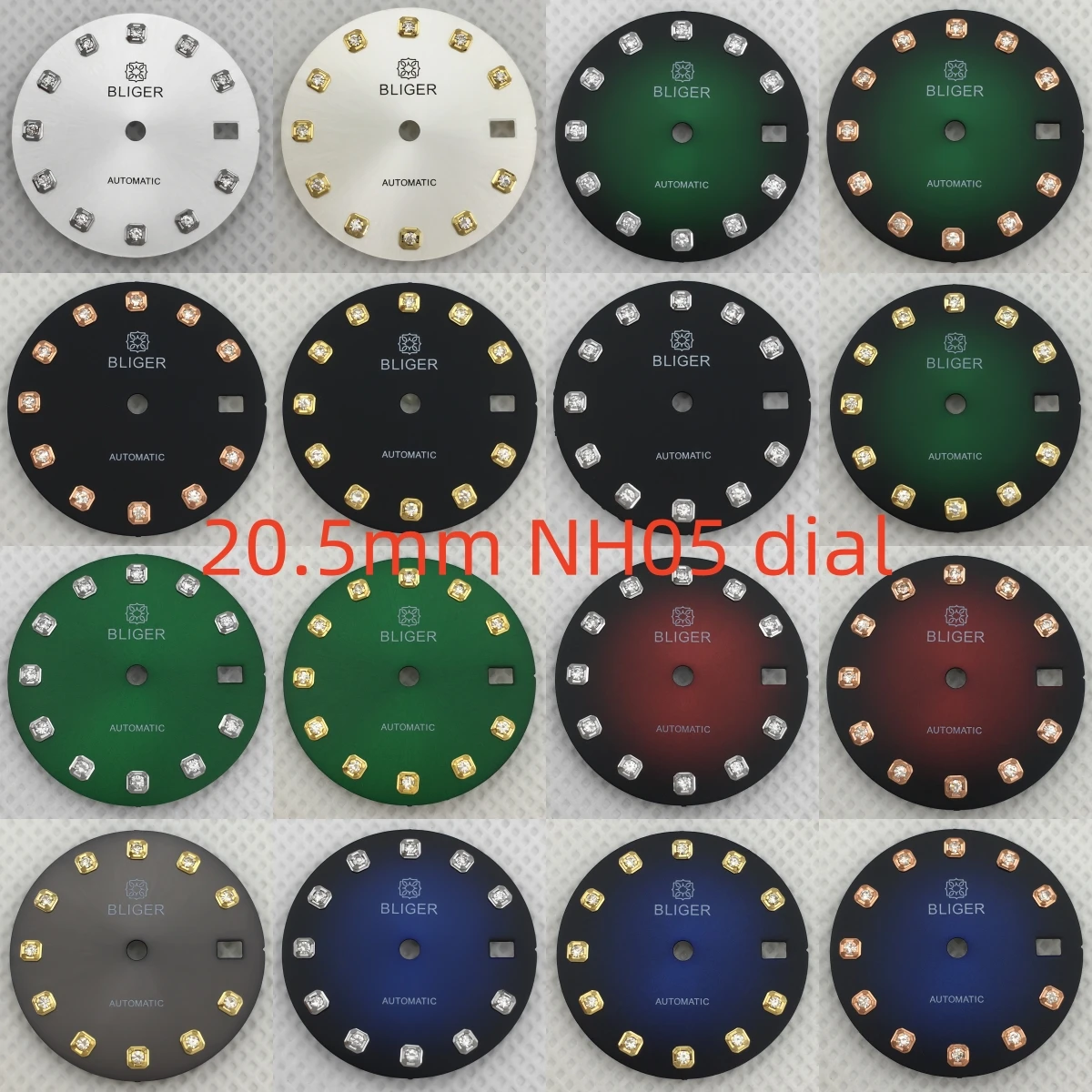 ساعة 20.5 ملم بمينا أمة الله أزرق/أبيض/أسود/أخضر مؤشر الماس مناسب لحركة NH05 الأوتوماتيكية 26 ملم أجزاء ساعة نسائية
