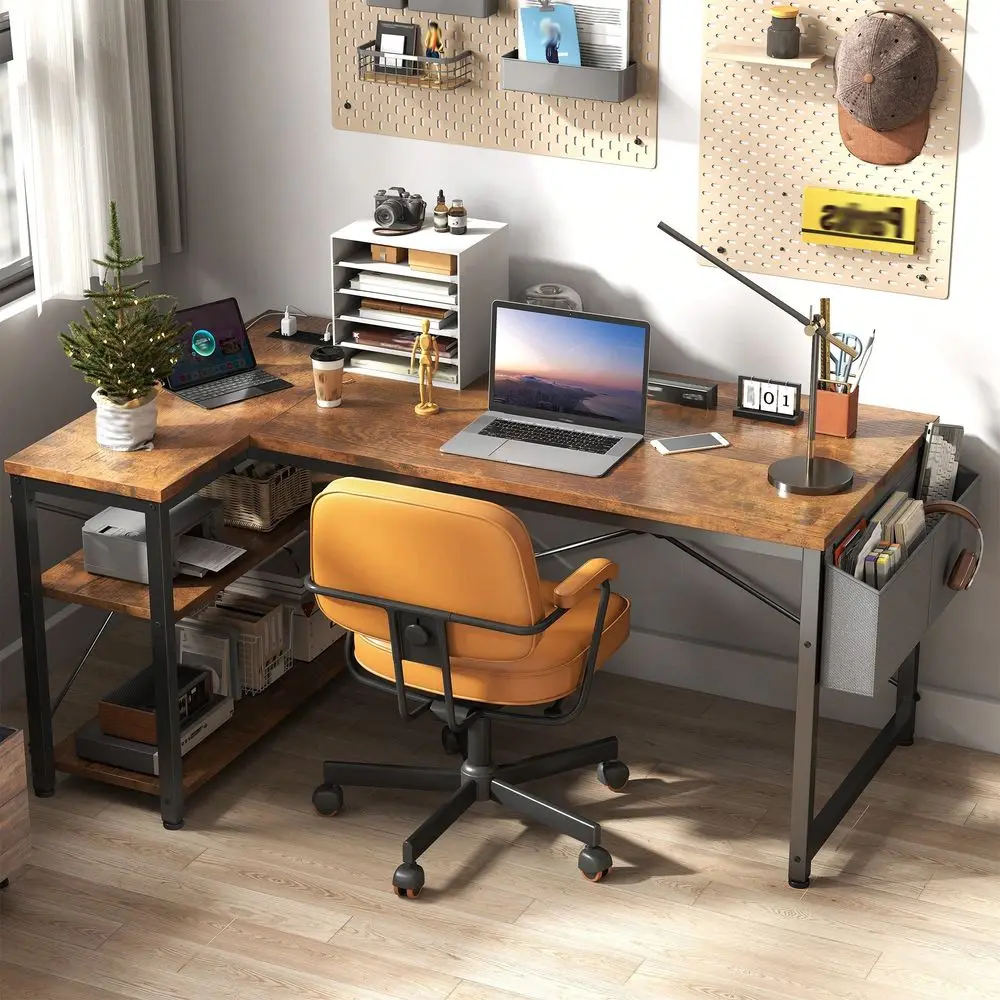 

Gaming Desk With BuiltIn Power Outlets, 40 Small Office Desk With XBrace Support Storage Shelves For Bedroom, Rustic Brown