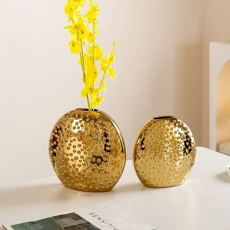 Golden Electroplated Ins Style Retro Ceramic Flower Vase Light Luxury Art Porcelain Floral Pot Soft Home Desktop Decor Ornament