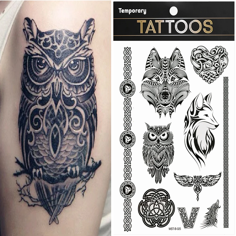 Tatuajes Temporales impermeables para hombres y mujeres, pegatina de tatuaje falso, arte de transferencia negra, cuerpo, brazo, bosque, León, Tigre, oso