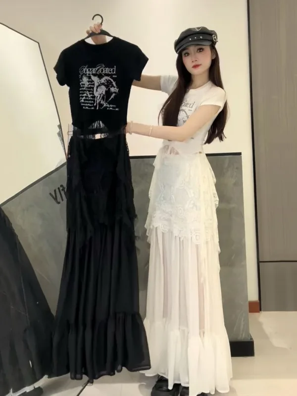 

American Style Spicy Girl Set Summer Letter Print Splice Lace Short Sleeve Top High Waist Mesh Half Skirt Fashionable Women's...