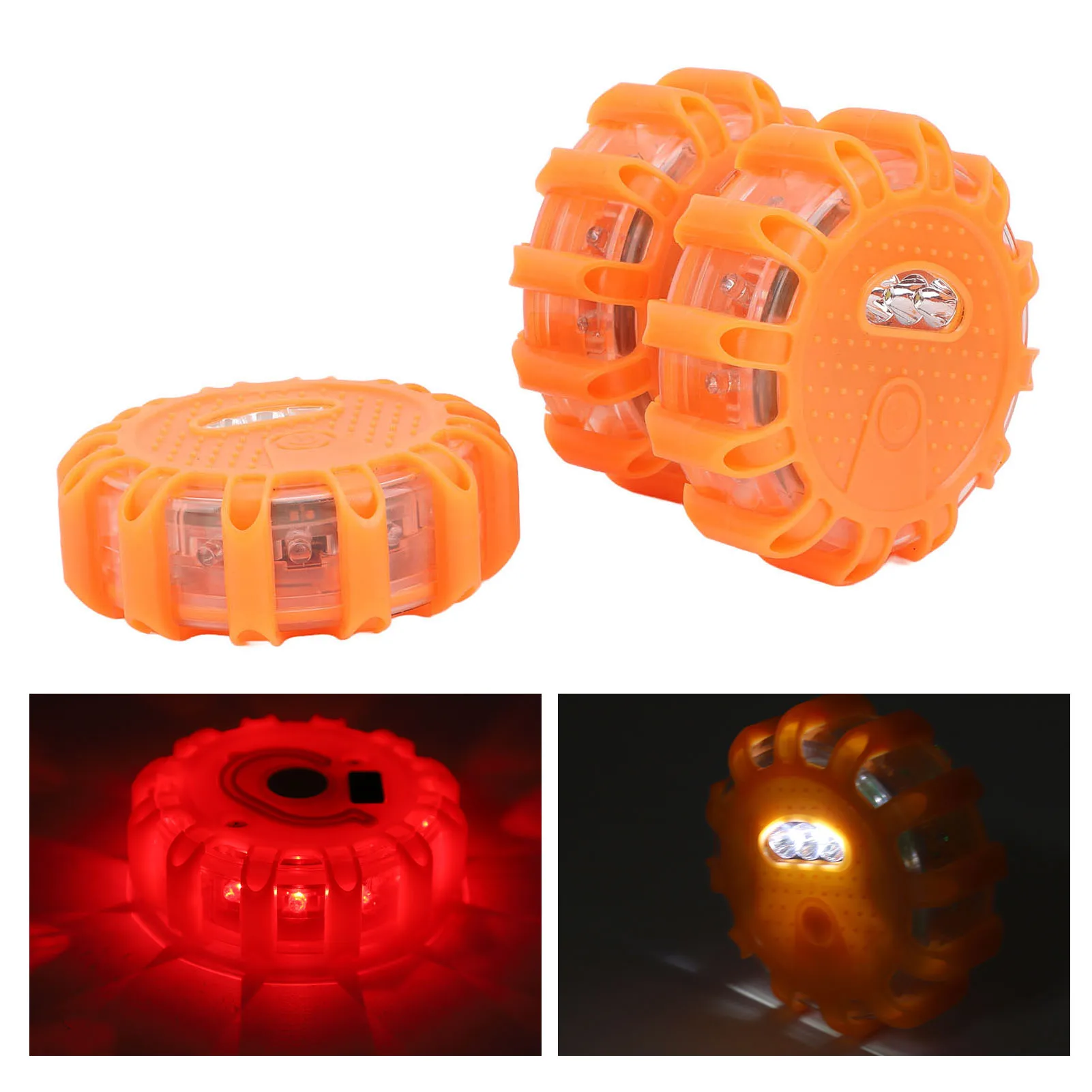 ZK20 3Pcs LED Road Flare Emergency Light Type C Rechargeable Roadside Warning Flashing Disc Flare Light with Magnet Base for Car