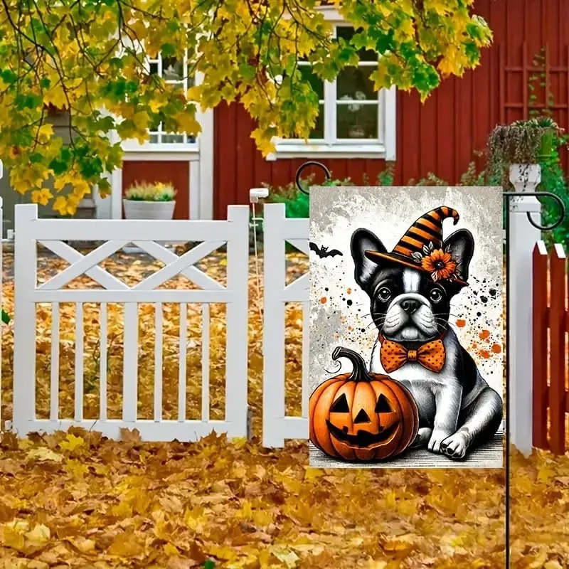 Halloween Garden Flag French Bulldog Pumpkin Witch Hat 12x18 Inch Double SidedOutdoor Yard Banner for Trick or Treat Spooky  zzo